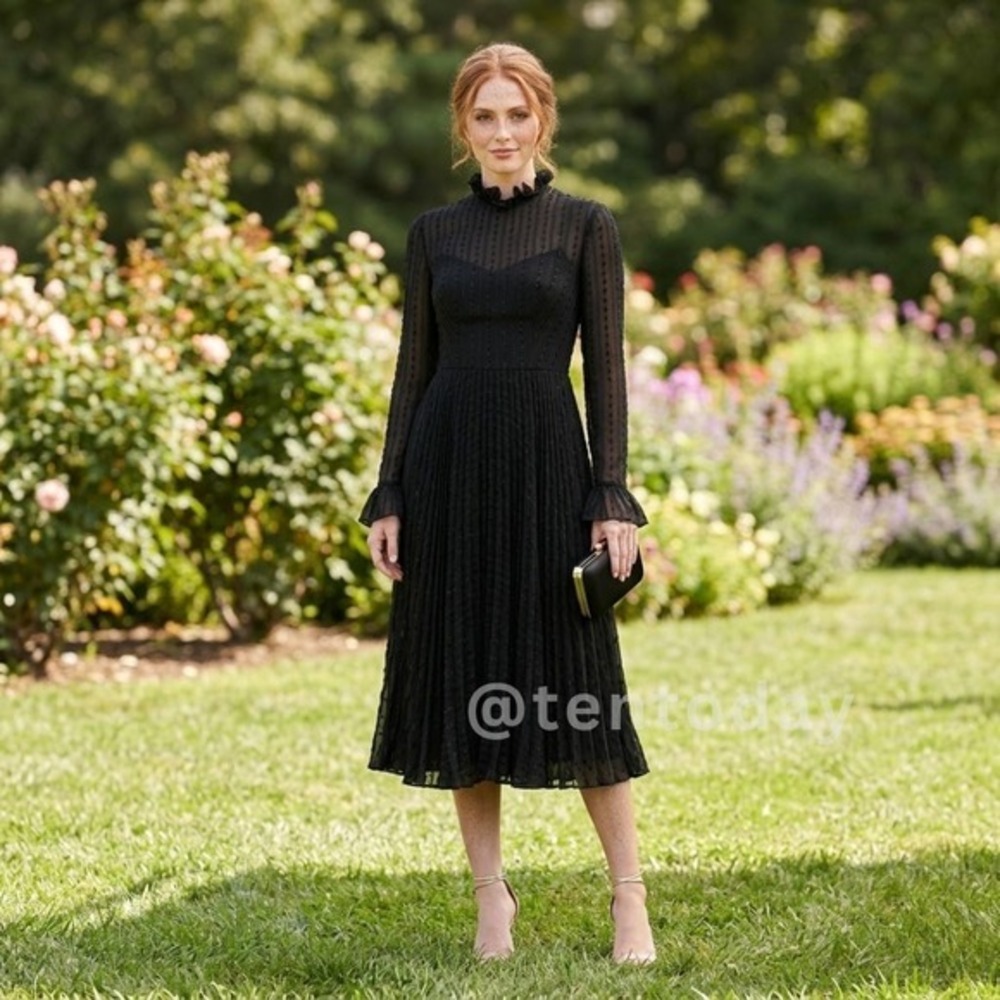 $398 Mac Duggal Size 6 Black High Neck Long Sleeve Ruffle Midi Tea Dress
